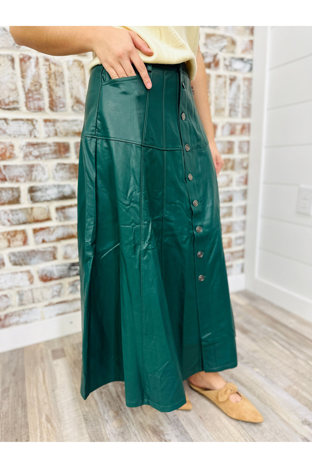 Hunter Green Faux Button Midi Skirt