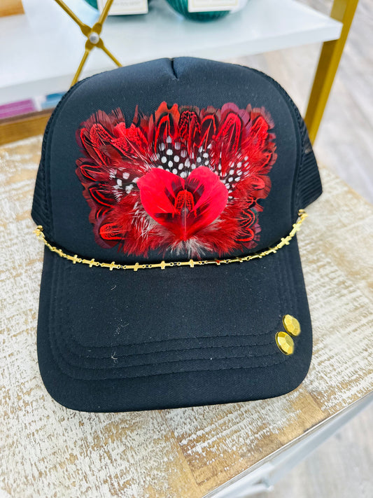 Black Red Feather Cross Chain Hat