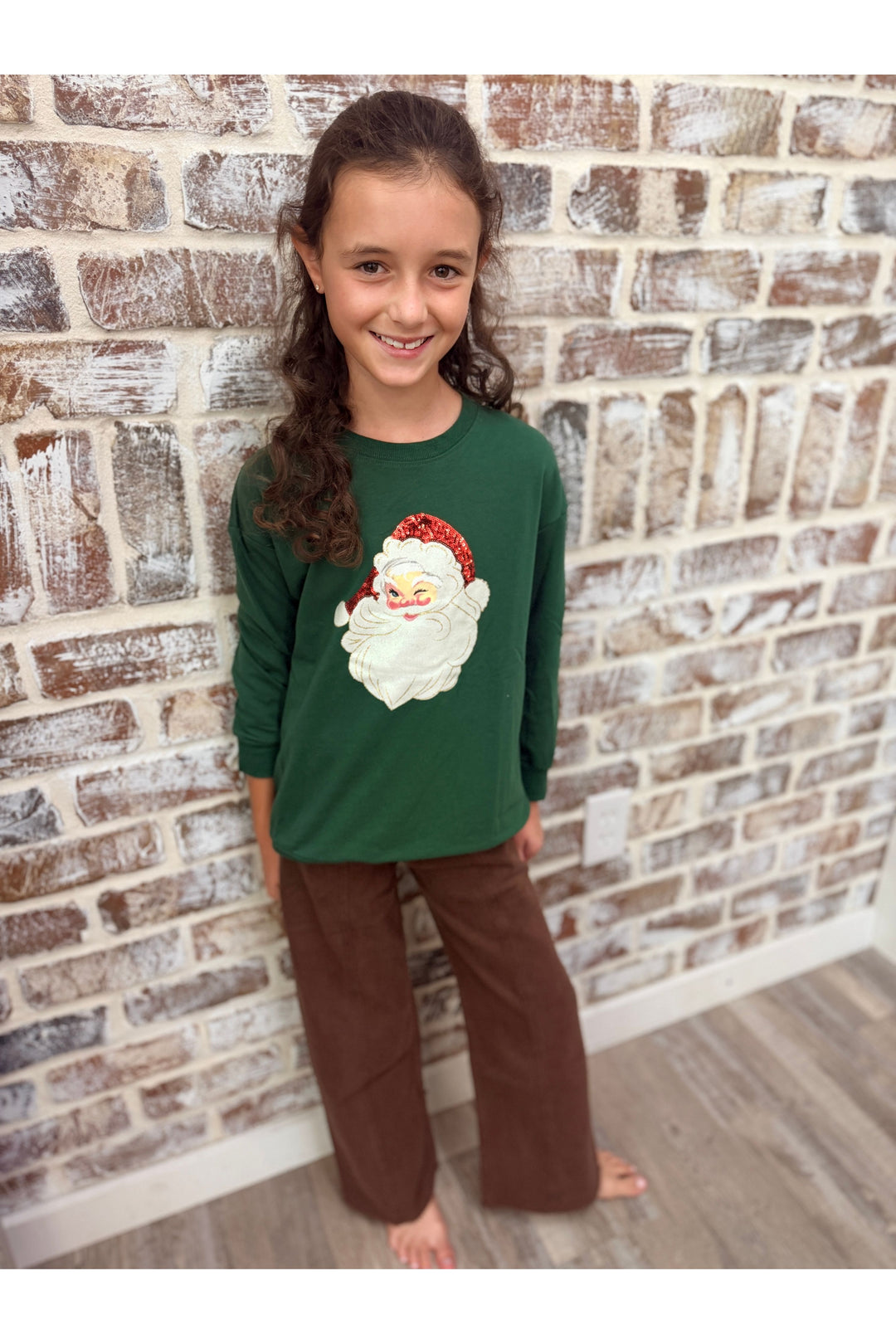 Youth~ Glitter Santa on Green Longsleeve Top
