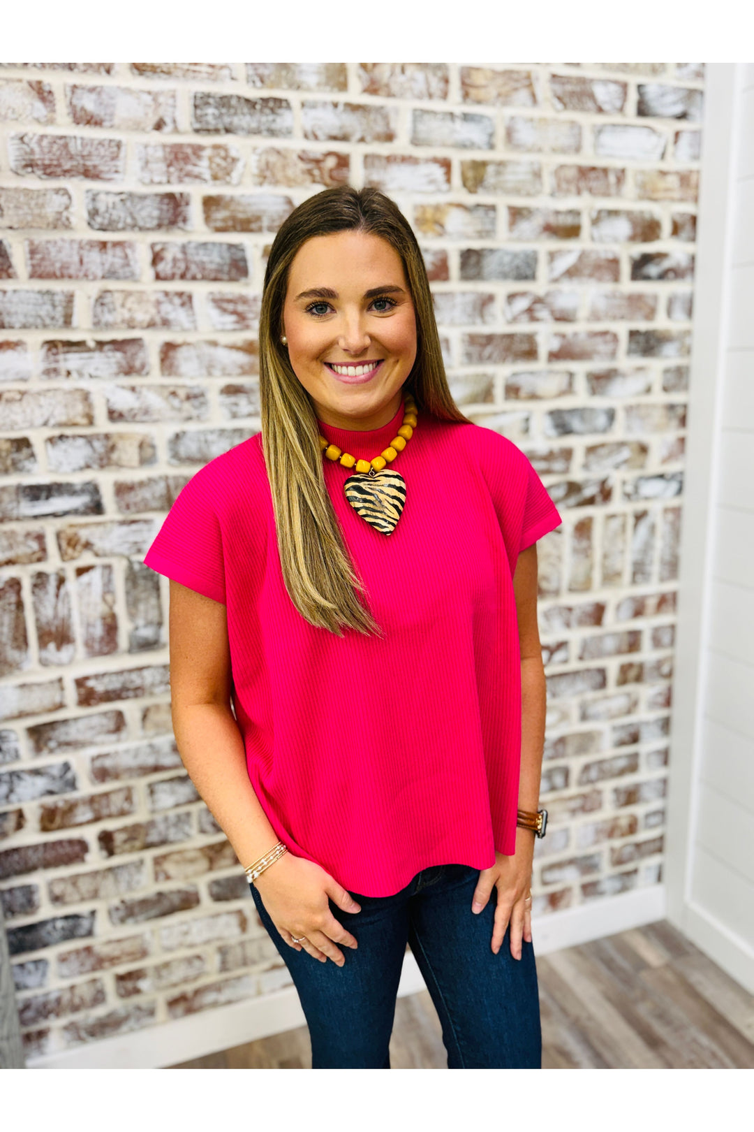 Short Sleeve Mock Neck Top - Pink