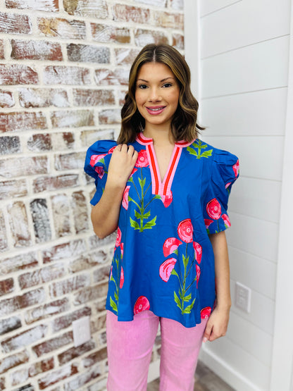 Blue Stripes + Flowers Top