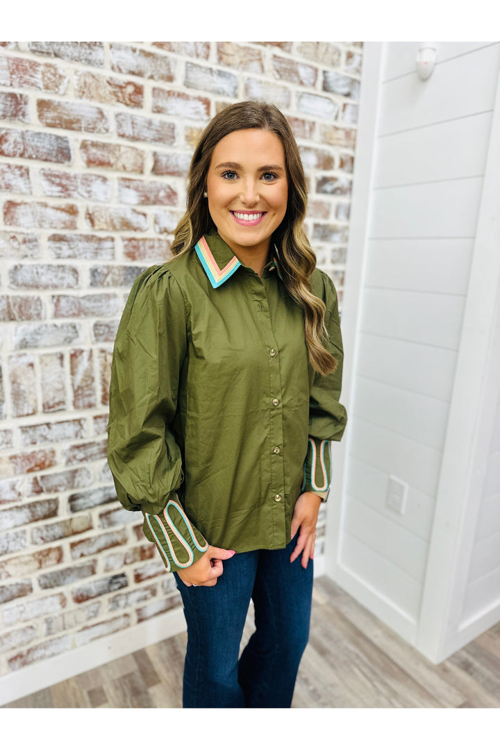 Olive button down with design on collar and end of sleeves