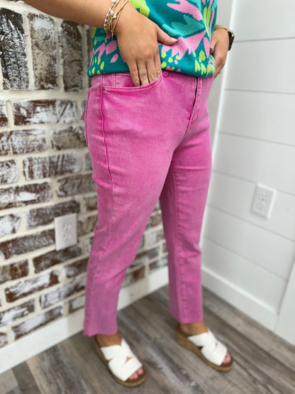 Hot Pink~ Acid Wash High Rise Straight Pants