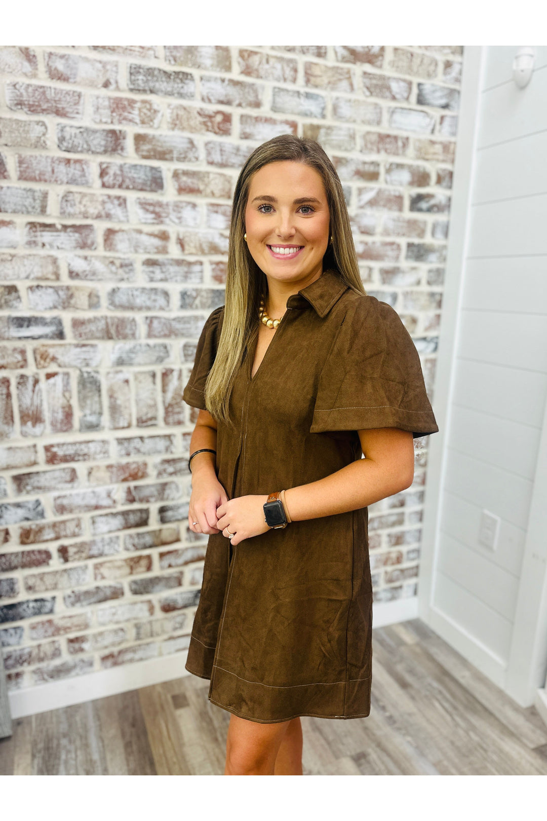 Brown Suede Pleated Front Dress