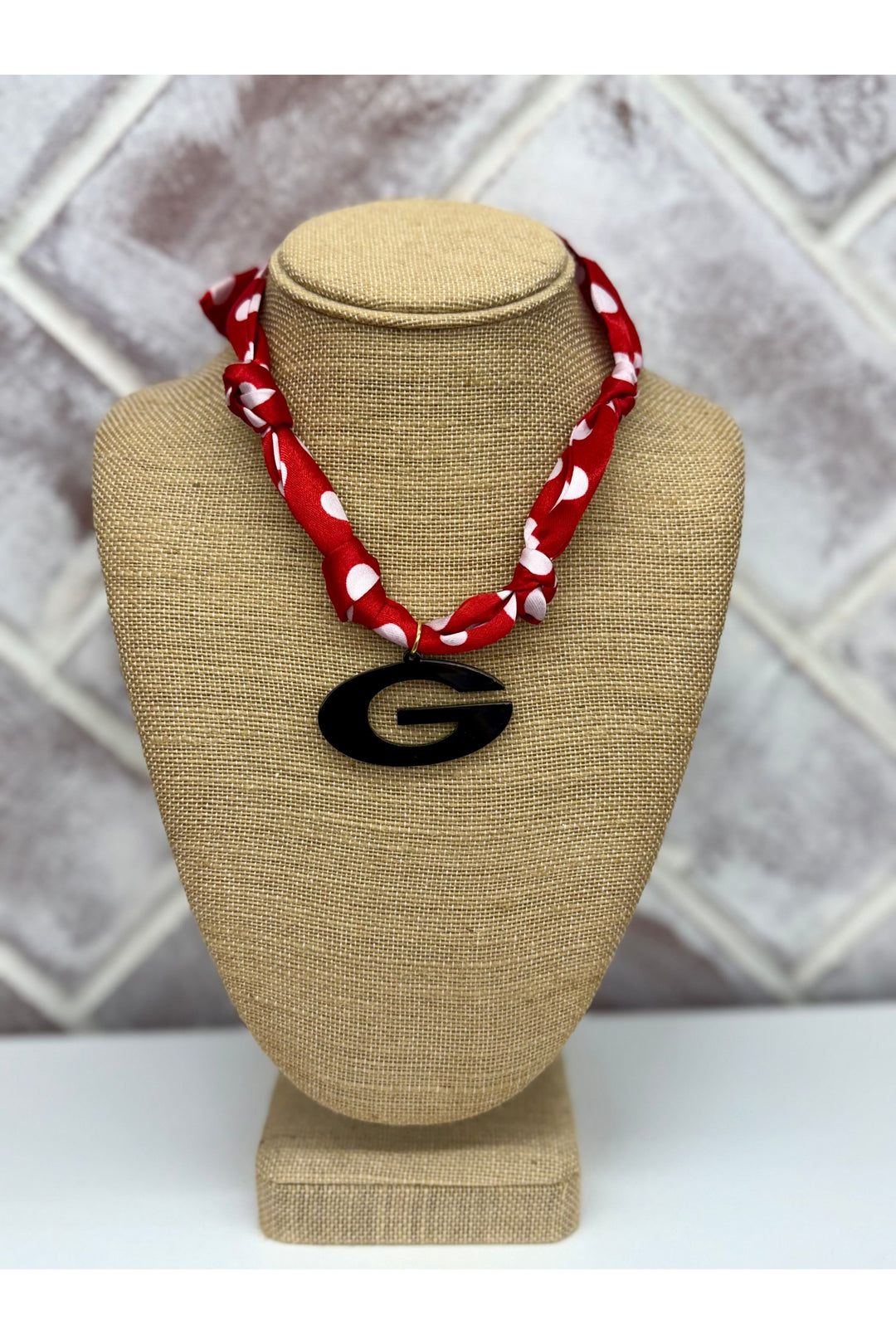 Red & White Polka Dot Scarf Necklace With “G” Charm