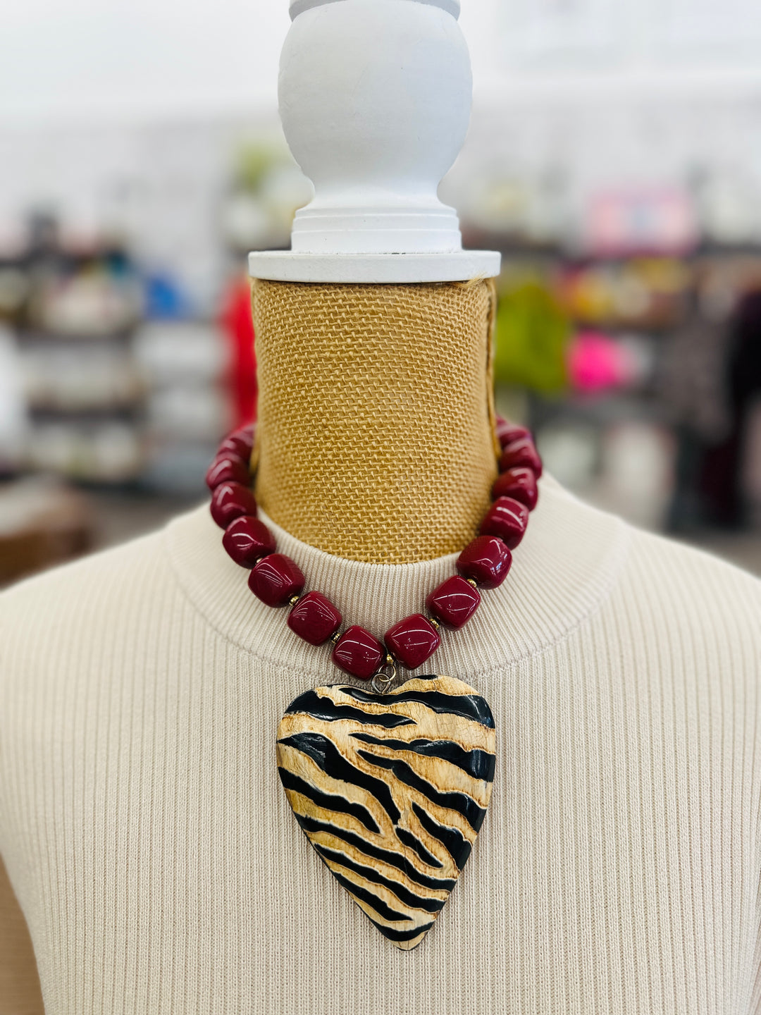 Mega Heart Necklace - Cranberry + Zebra