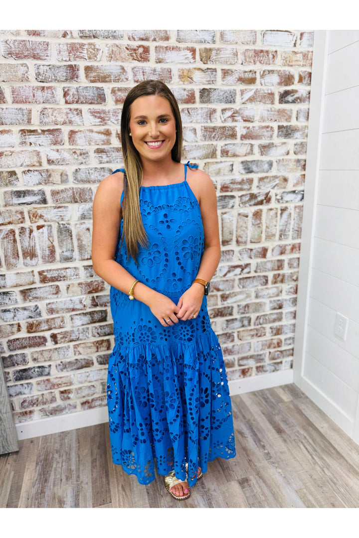 Vibrant Blue Eyelet Halter Midi Dress
