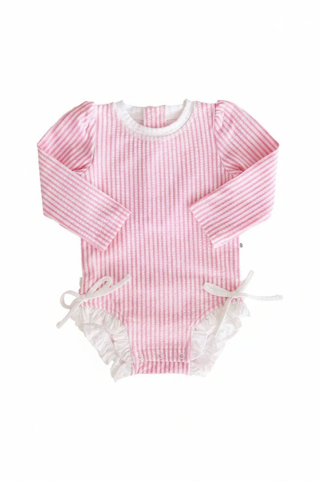 Long Sleeve Rash Guard with Ruffle Bottom | Seersucker Dusty Pink
