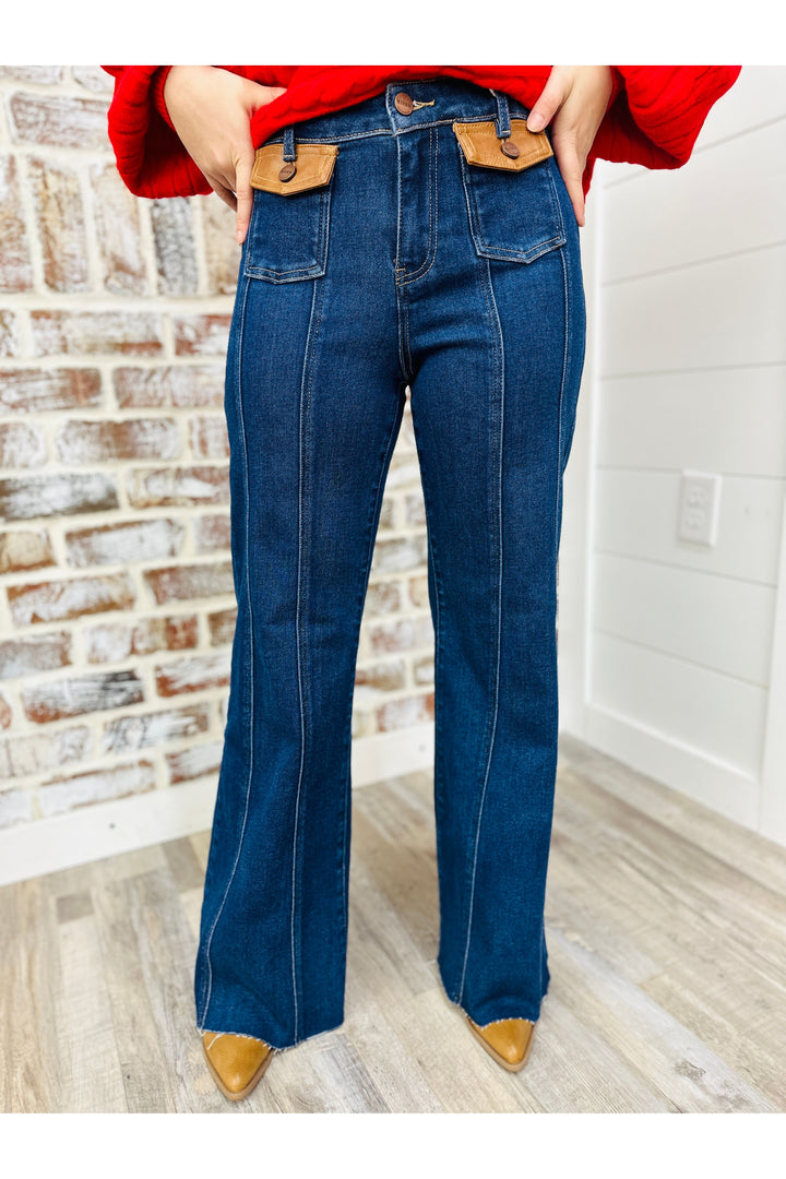 High Rise Front Leather Pocket Wide Leg Jeans