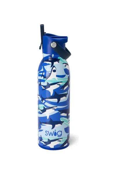 Youth Swig flip and sip water bottle in the print sharkfin. 