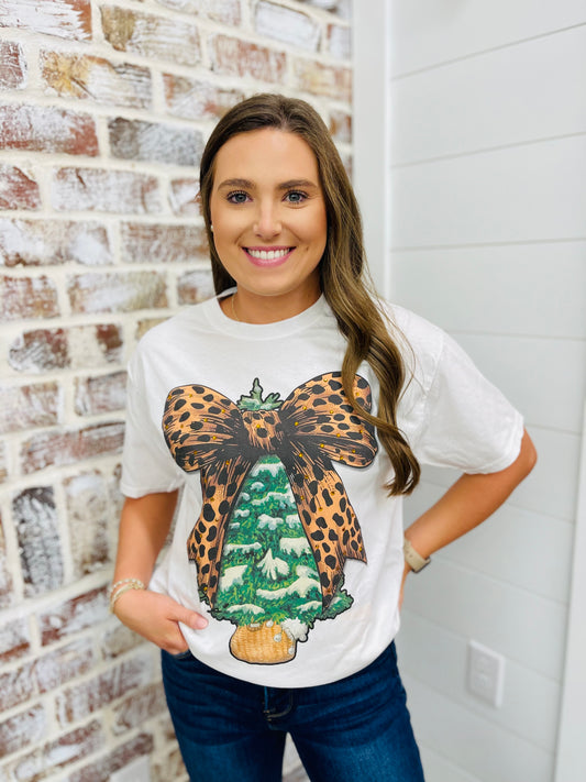 Adult Christmas Tree Cheetah Bow Rhinestone Graphic T-Shirt