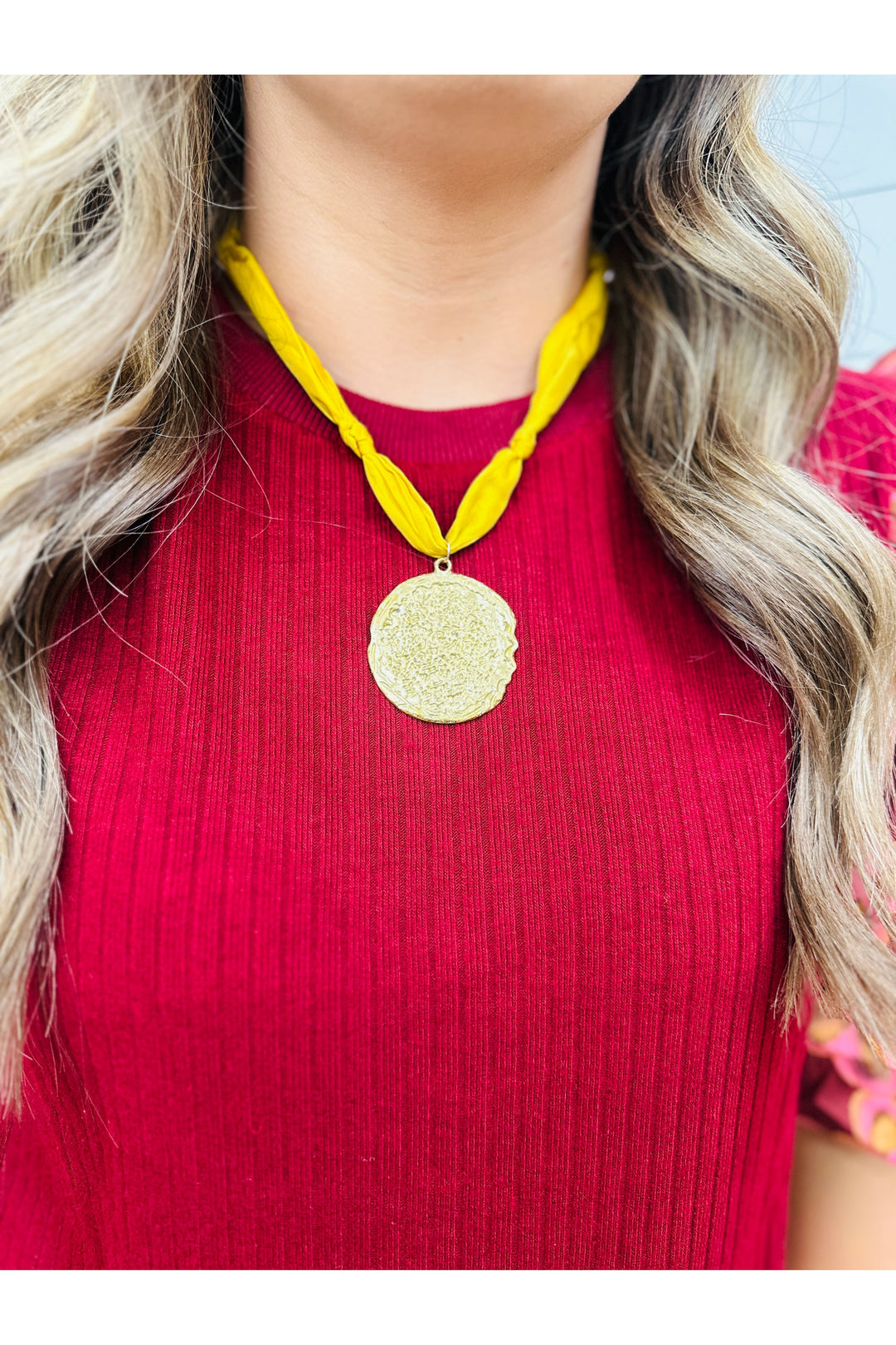 Mustard Scarf Necklace With Gold Charm