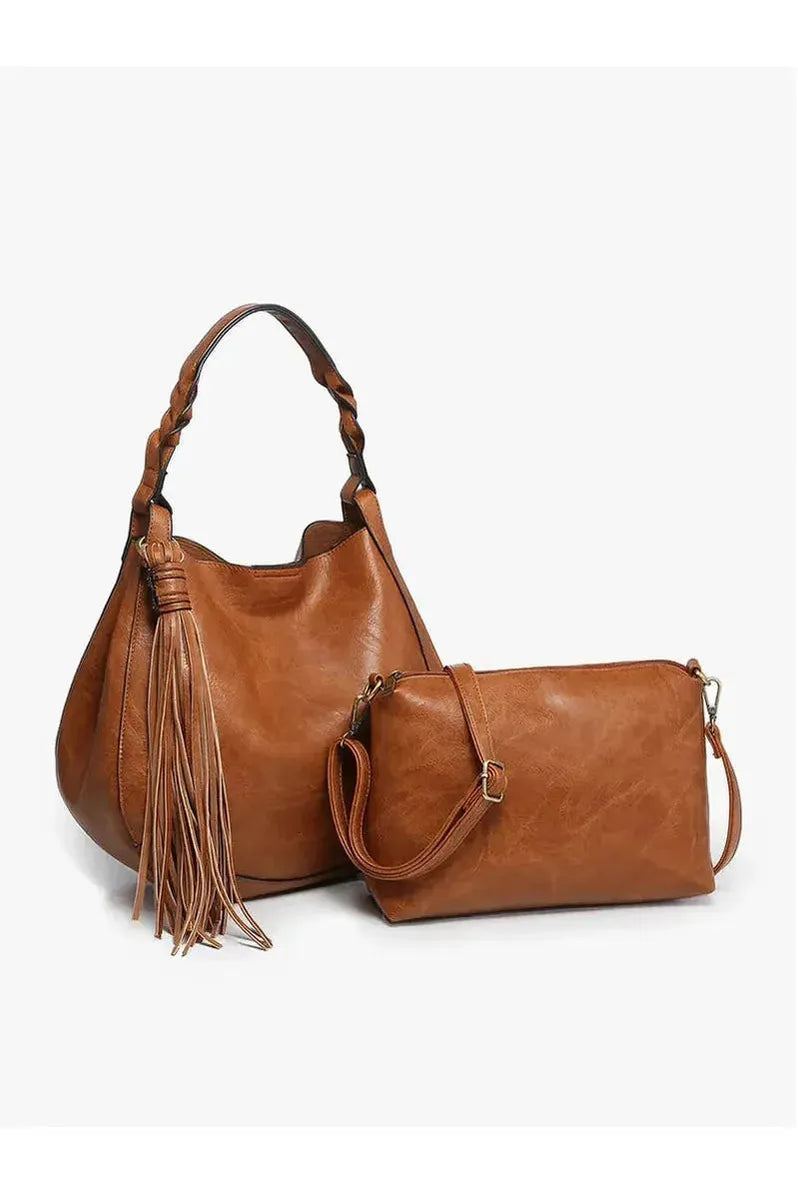Brown purse with Large Tassel Hobo w/ Braided Handle