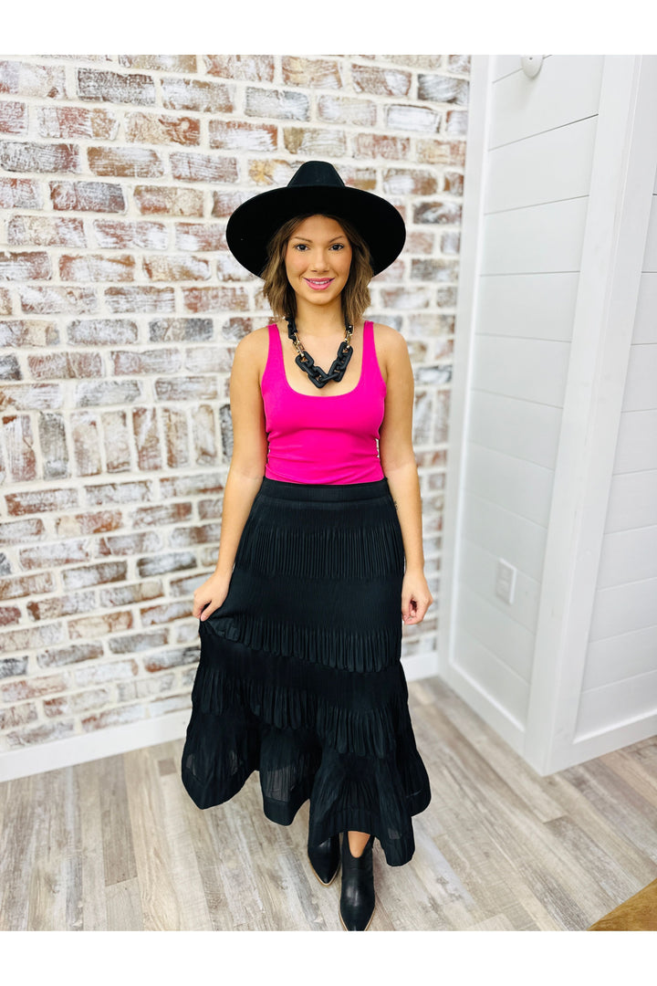 Black Pleated Midi Skirt