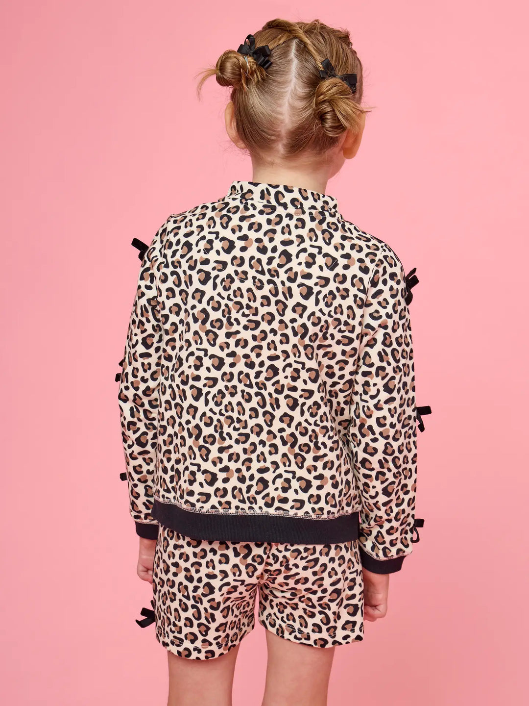 Girls Classic Leopard Fleece Bow Quarter Zip & Shorts Set