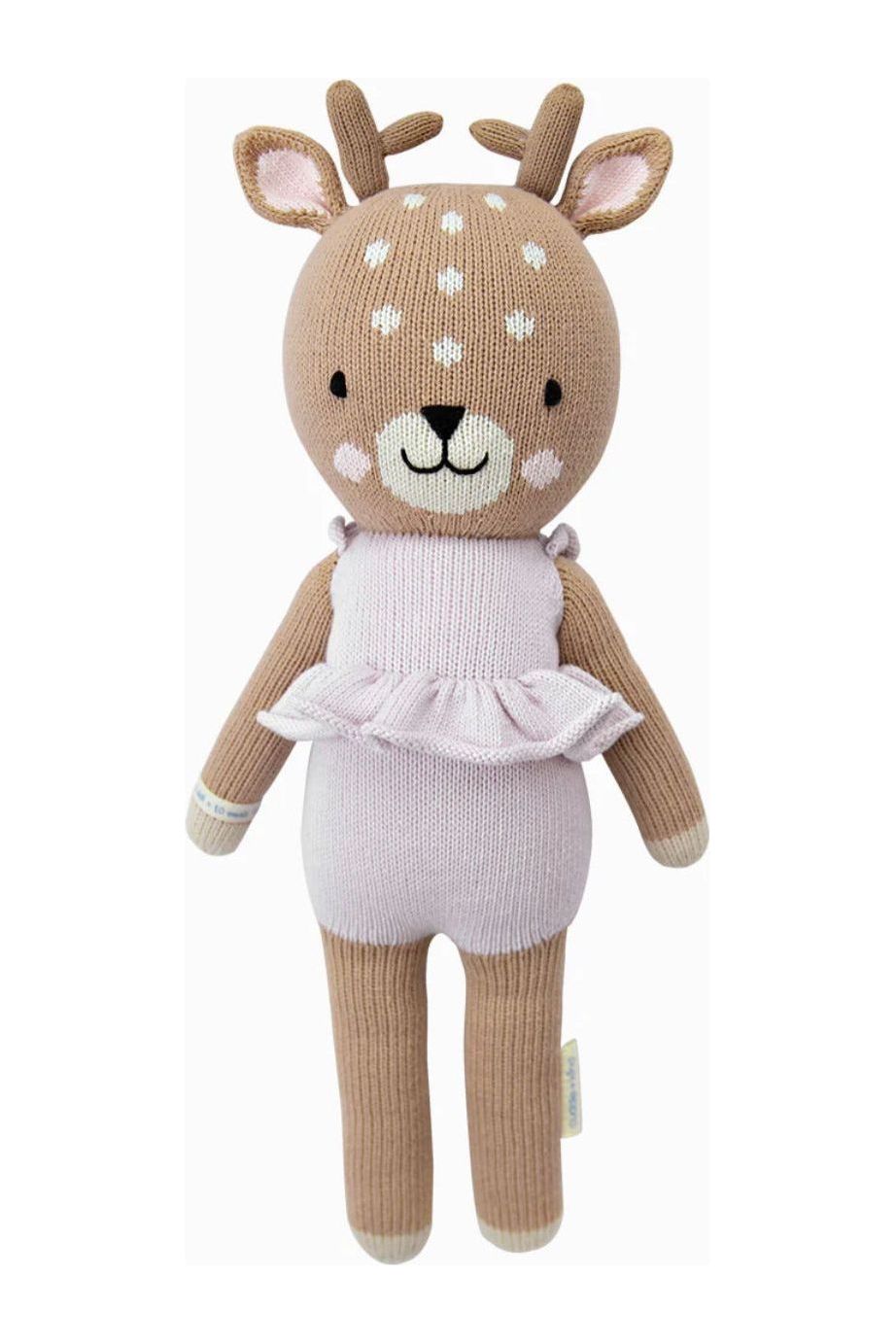13 inch stuffed fawn with pink ruffled dress.