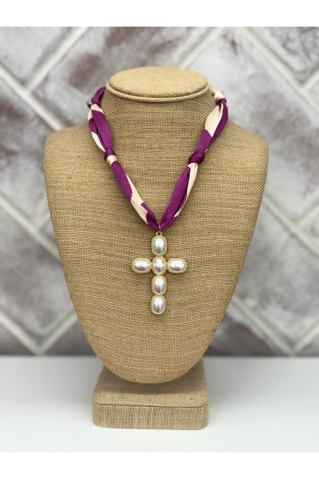 Purple & Cream Scarf Necklace With Pearl Cross Charm