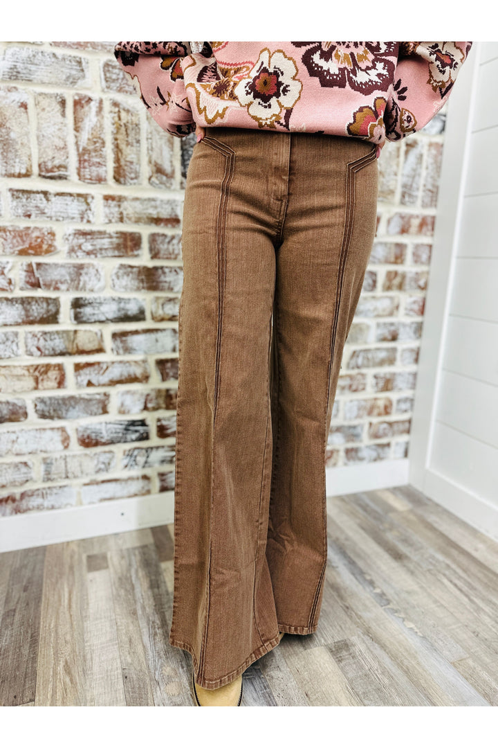 Brown Washed High Waisted Wide Leg Pants