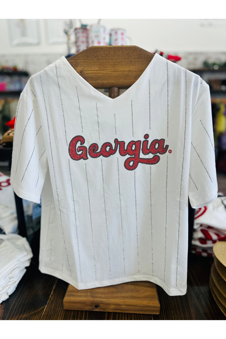GEORGIA Rhinestone Striped Jersey Tee - UGA Licenced