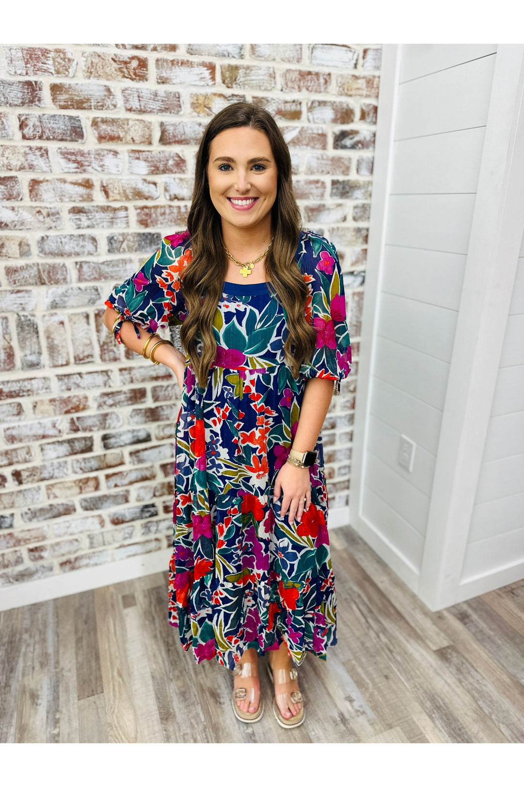 Short sleeve, midi multi colored flowers dress