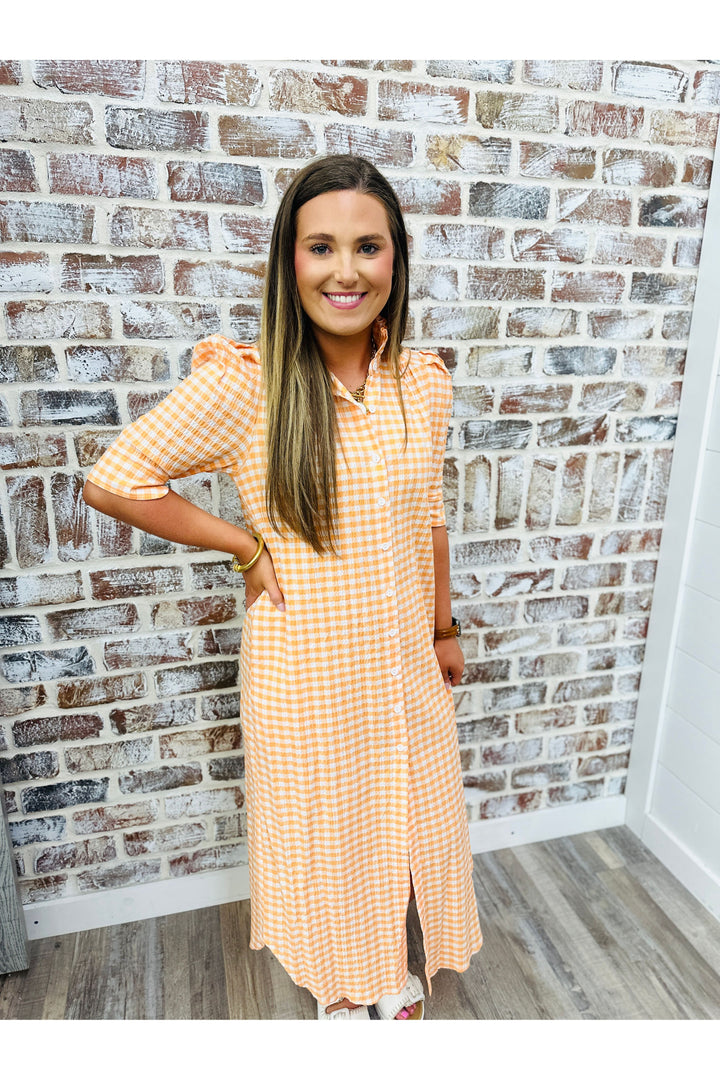 Adrienne | Orangesicle Seersucker Gingham Midi Dress