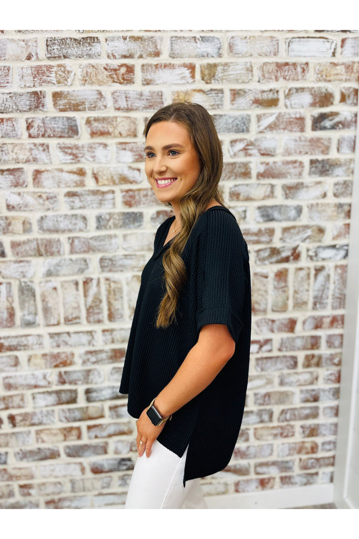 Black Short Sleeve Waffle Top