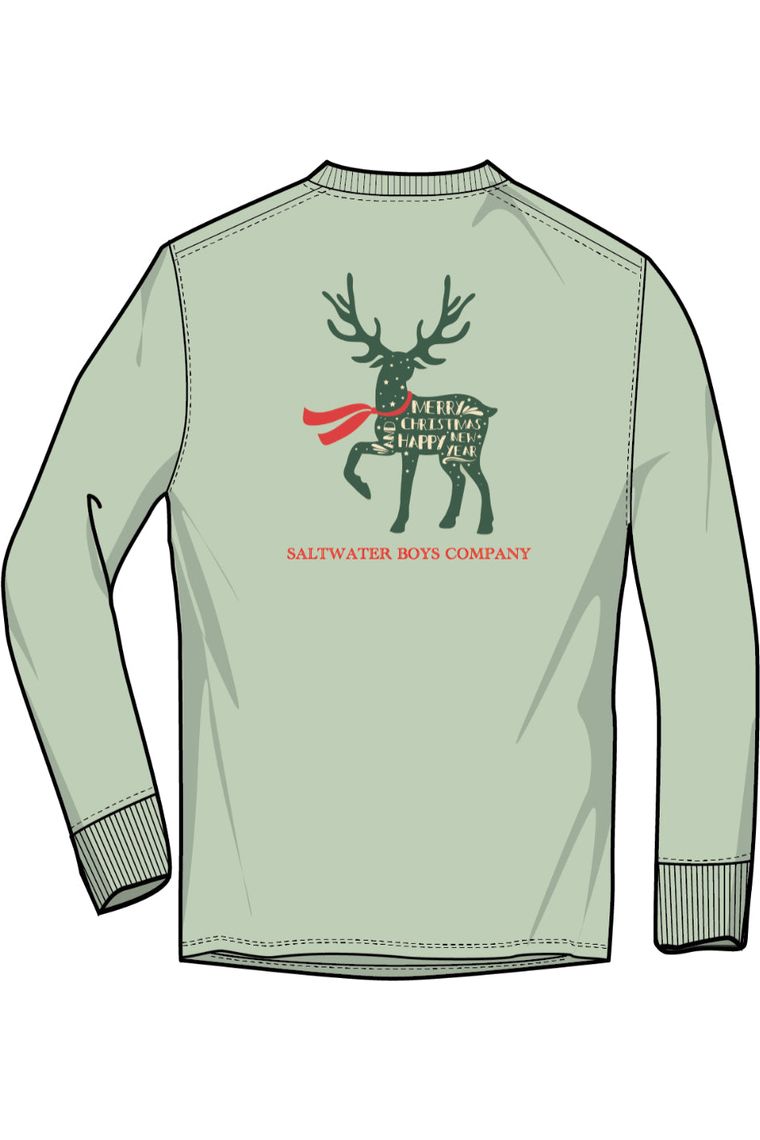 Youth mint green longsleeve shirt with Christmas decorated deer on the back.