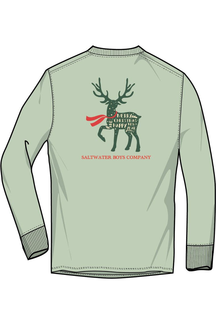 Youth mint green longsleeve shirt with Christmas decorated deer on the back.