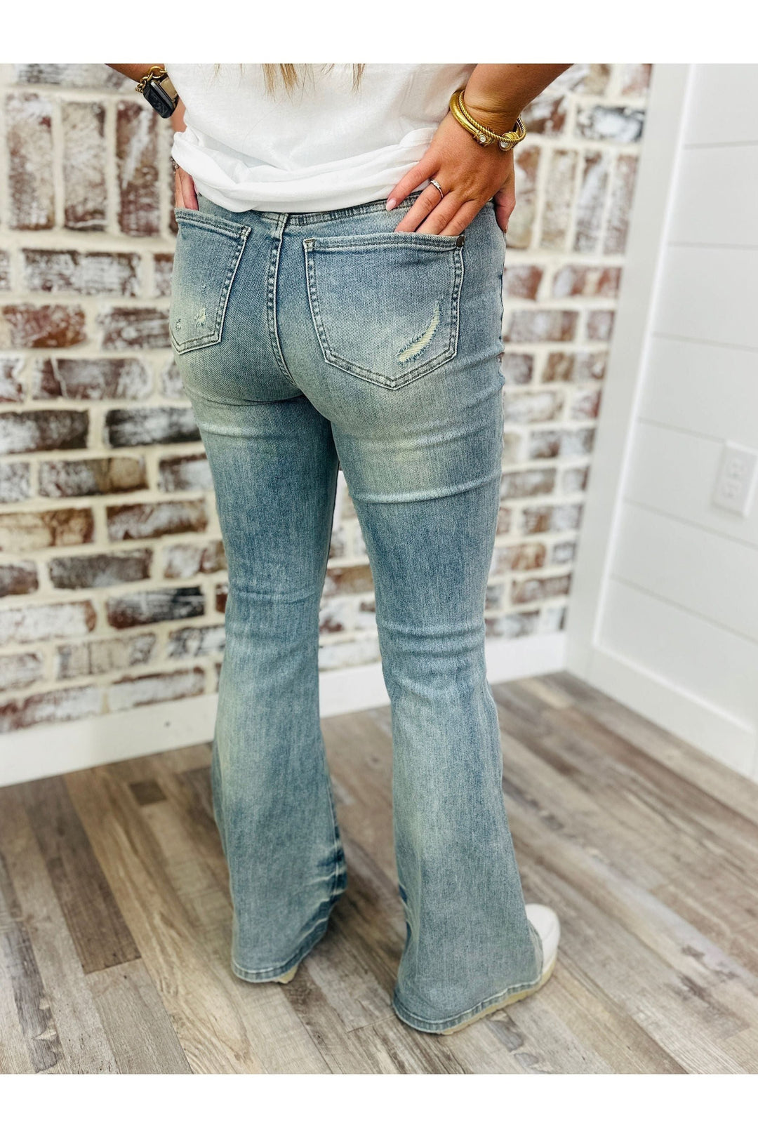 Mid Rise Washed Denim Flares