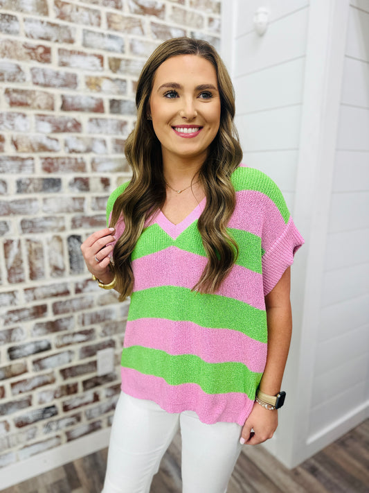 Green +Pink Stripe Top