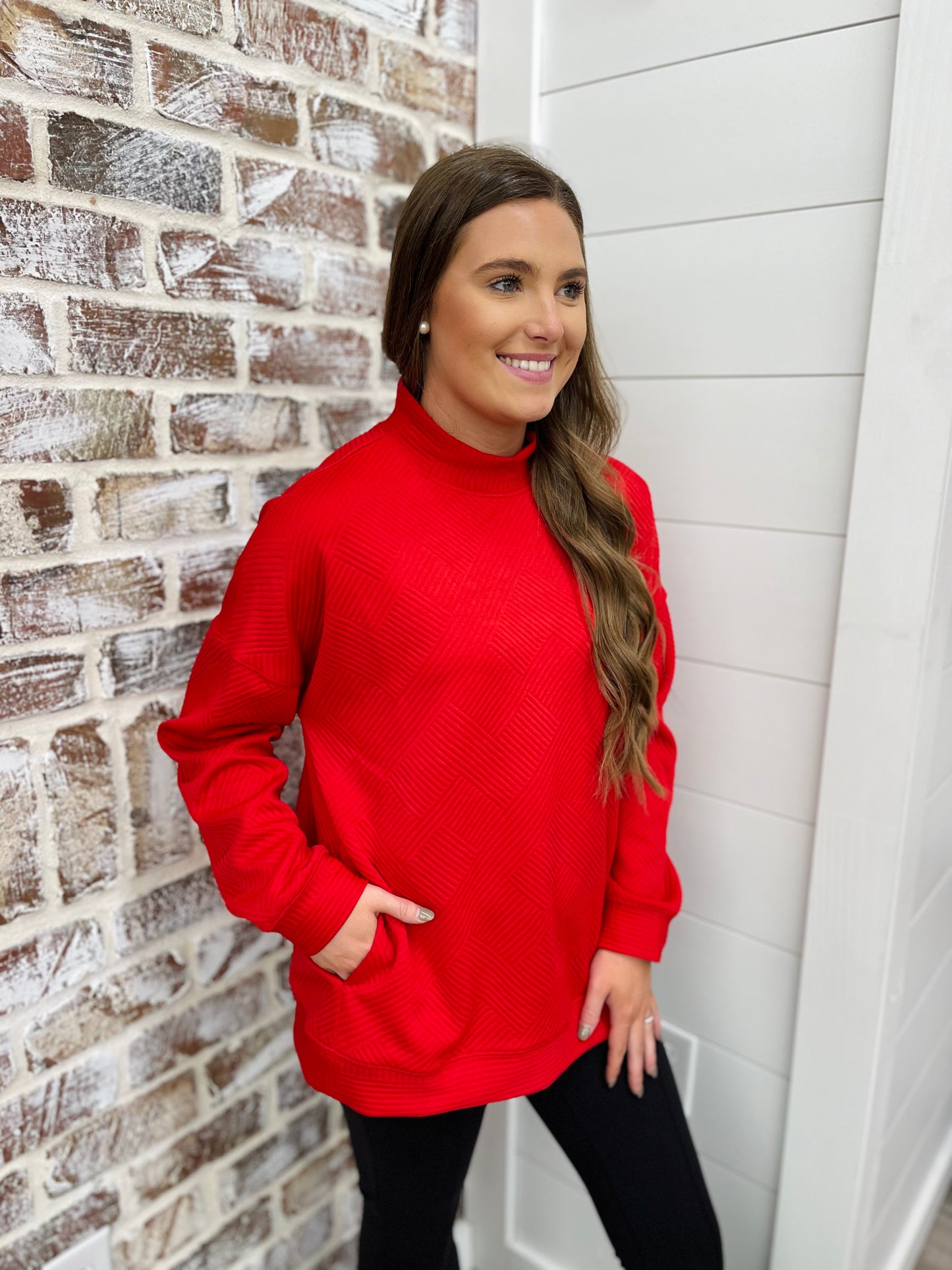 Red Textured Pocket Top