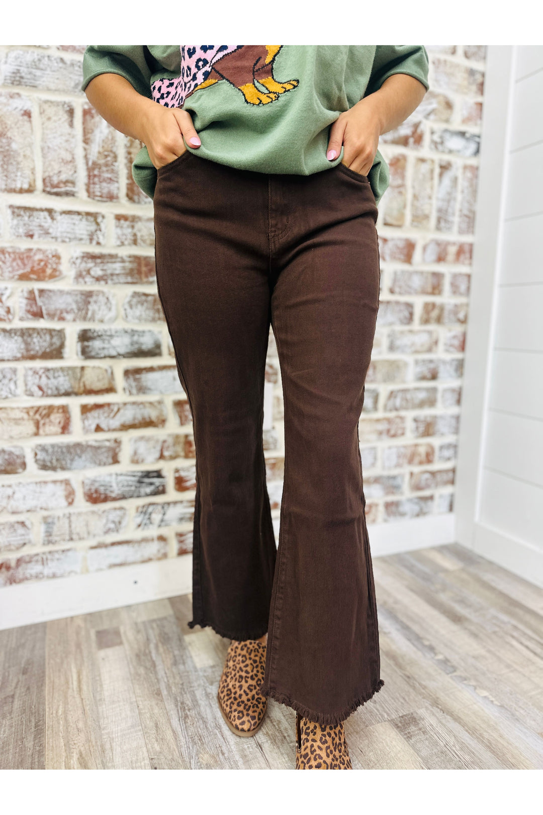 Acid Washed Straight Leg Pants - Dark Brown