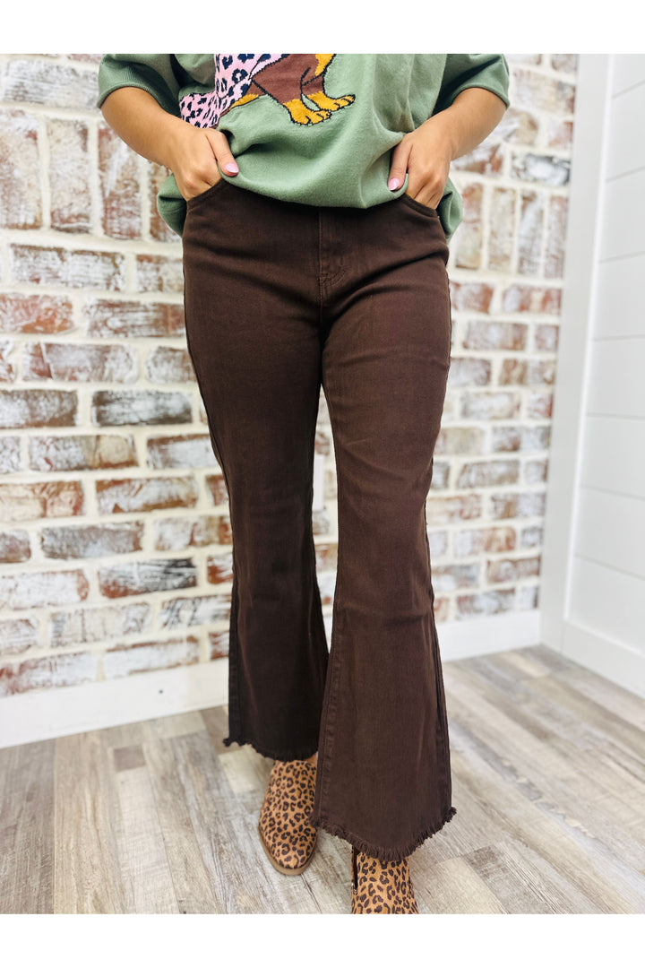 Acid Washed Straight Leg Pants - Dark Brown