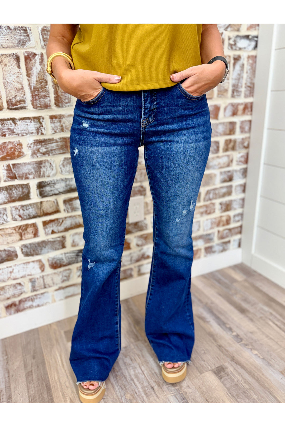 High Rise Dark Flare Raw Cut Hem Jeans