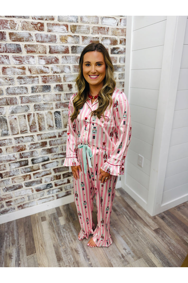 Pink Stripes + Nutcrackers Ruffle Pj Set