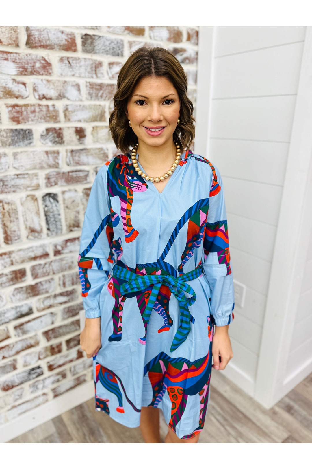 Blue dress with abstract cheetah detail