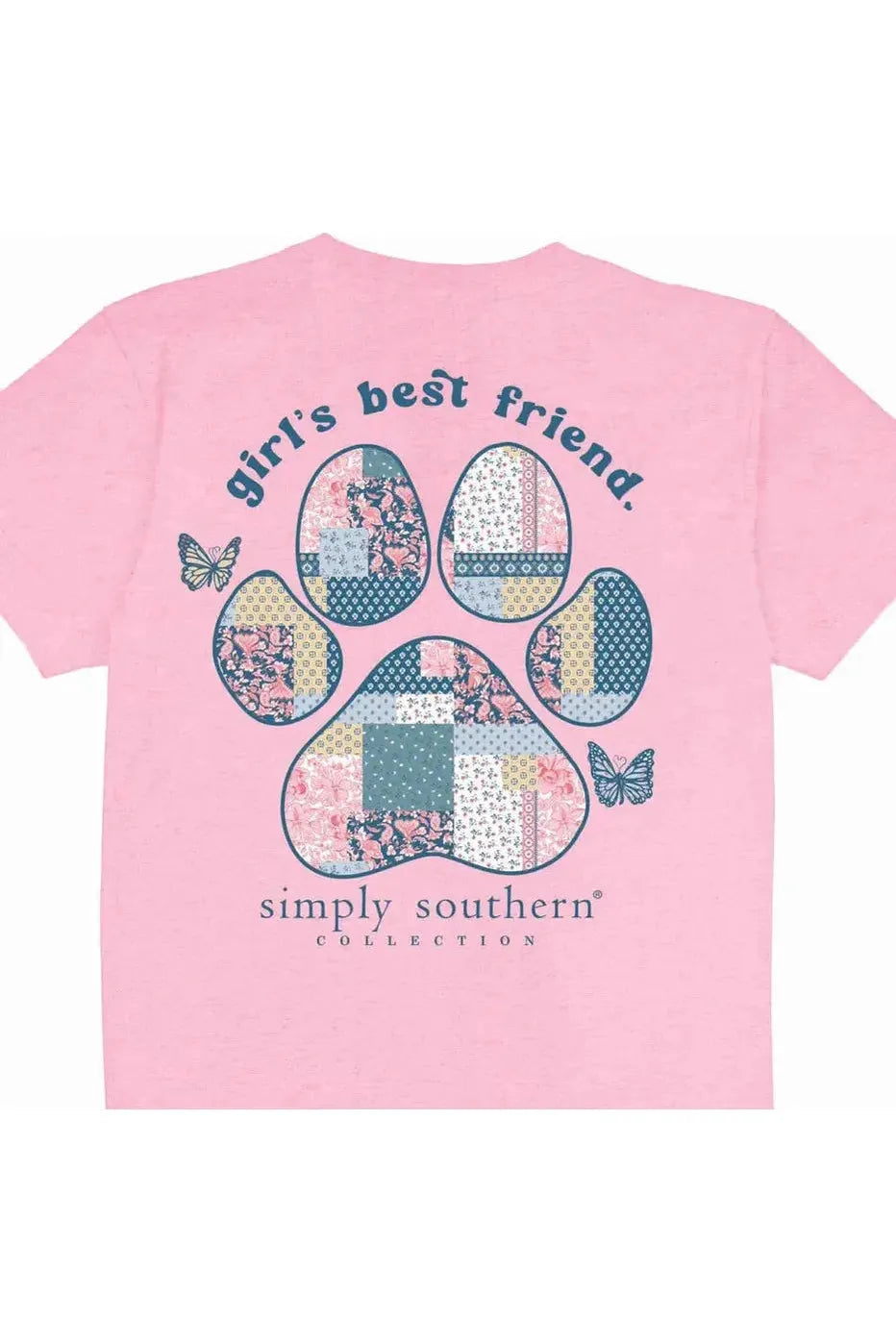 Youth pink tshirt with the saying "A Girls Best Friend" and colorful paw print on the back.