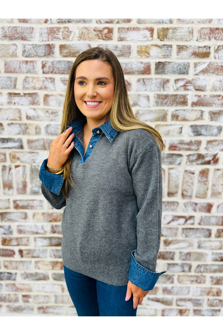 Denim Collar Wool Blend Knit Top
