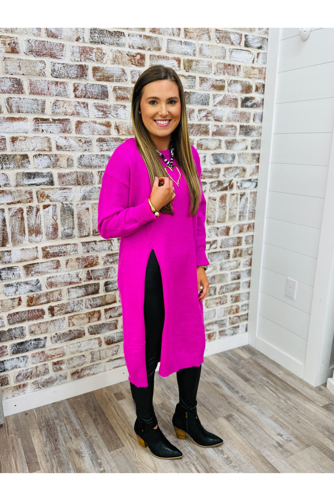 Hot Pink High Slit Longline Pullover Dress