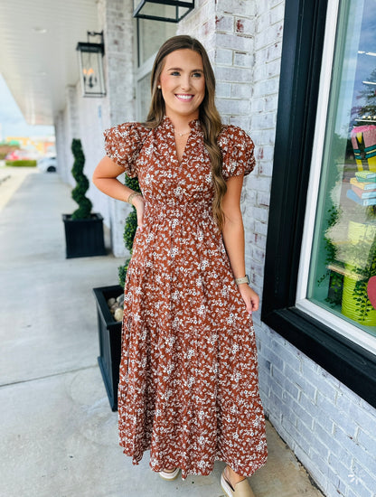 Mocha Flowers Midi Dress