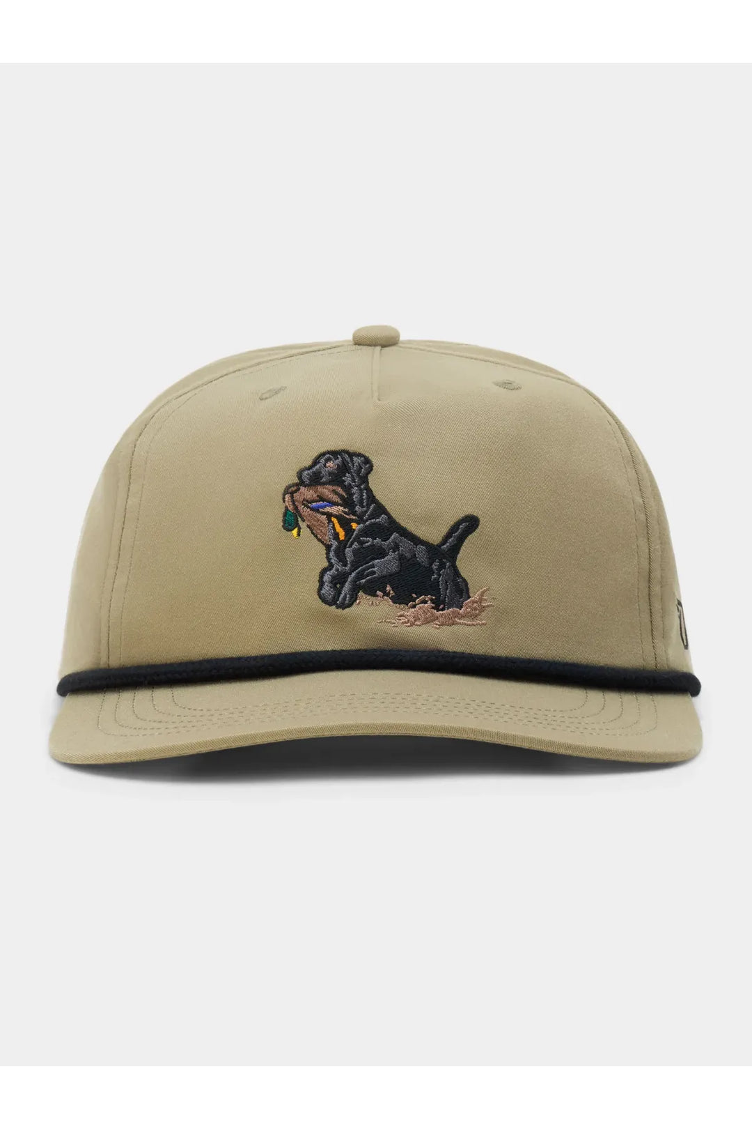Khaki had with black lab holding duck in its mouth and black rope