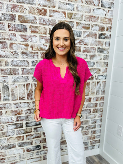 Hot Pink~ Split Neck Top