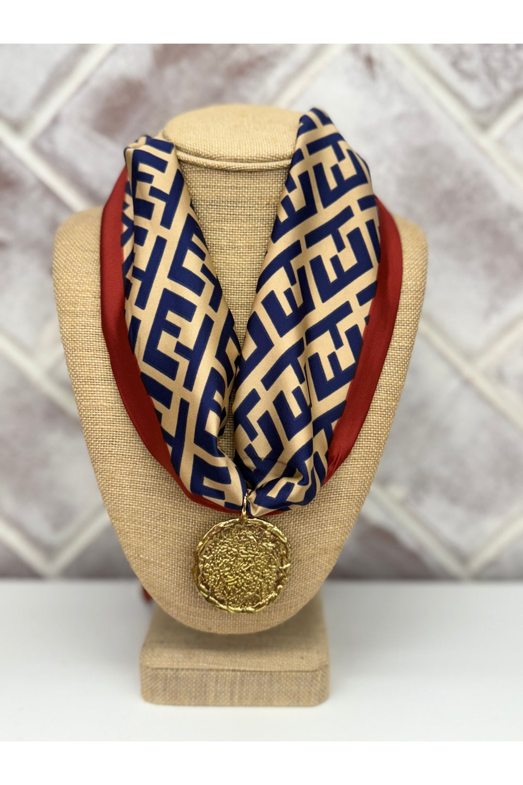 Navy, Tan & Red Scarf Necklace With Textured Gold Charm