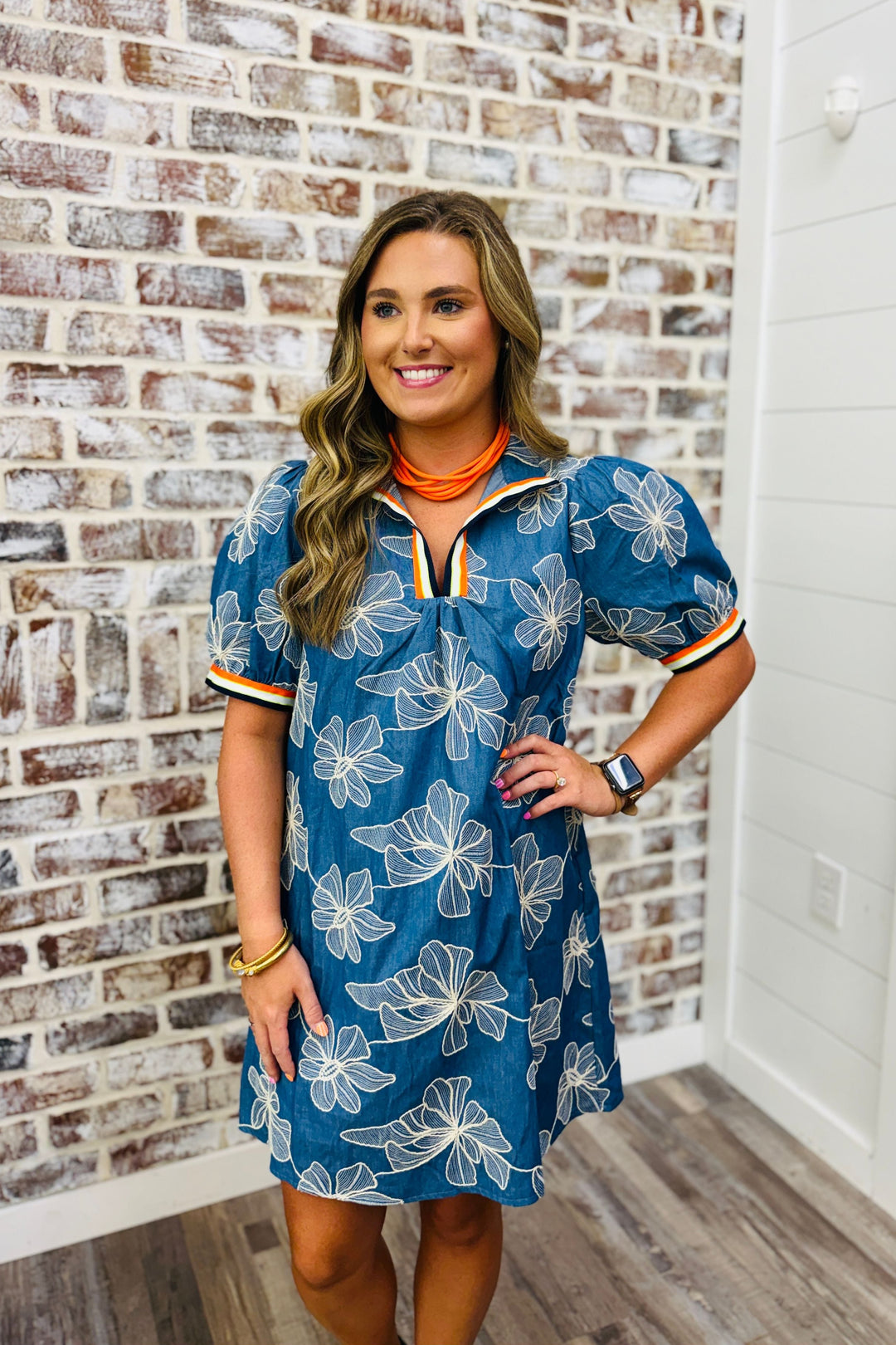 Stripe Trim Floral Detail Dress