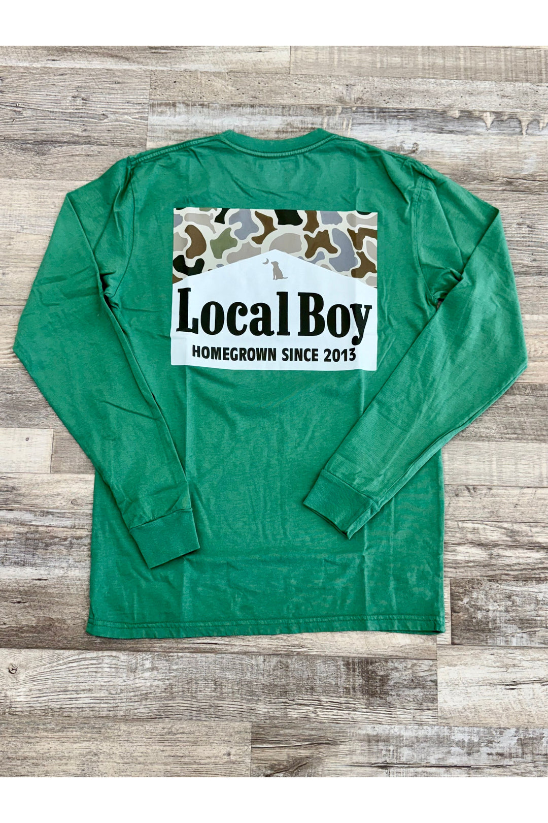 Men’s green local boy logo in camo on back 