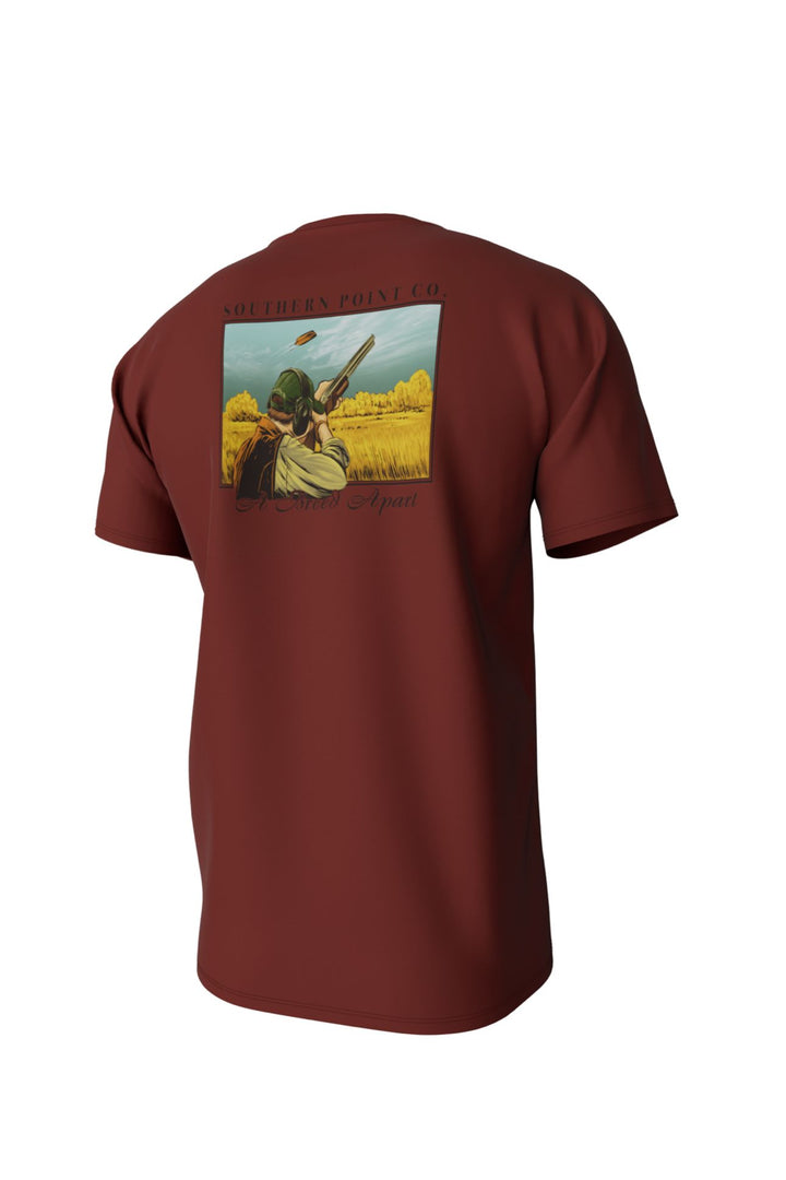 Red tee with man shooting a clay target on back