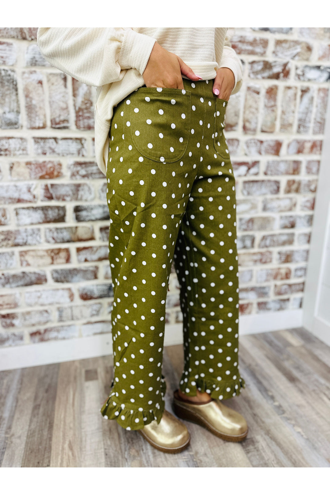 Olive Polka Dot Ruffle Hem Pants