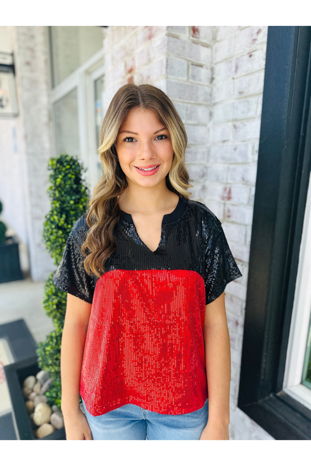 Mary Square Red + Black Sequin Top