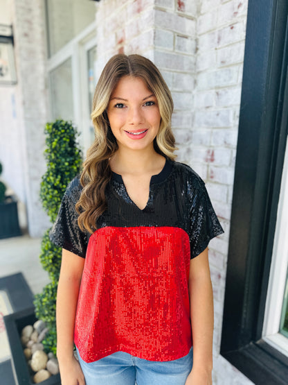 Mary Square Red + Black Sequin Top