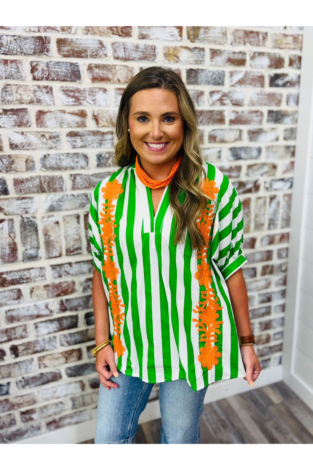 Oversized Green Embroidered Flowers Top